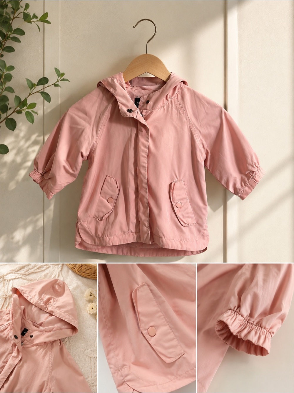 Girls' Hooded Pink Raincoat with Snap Pockets